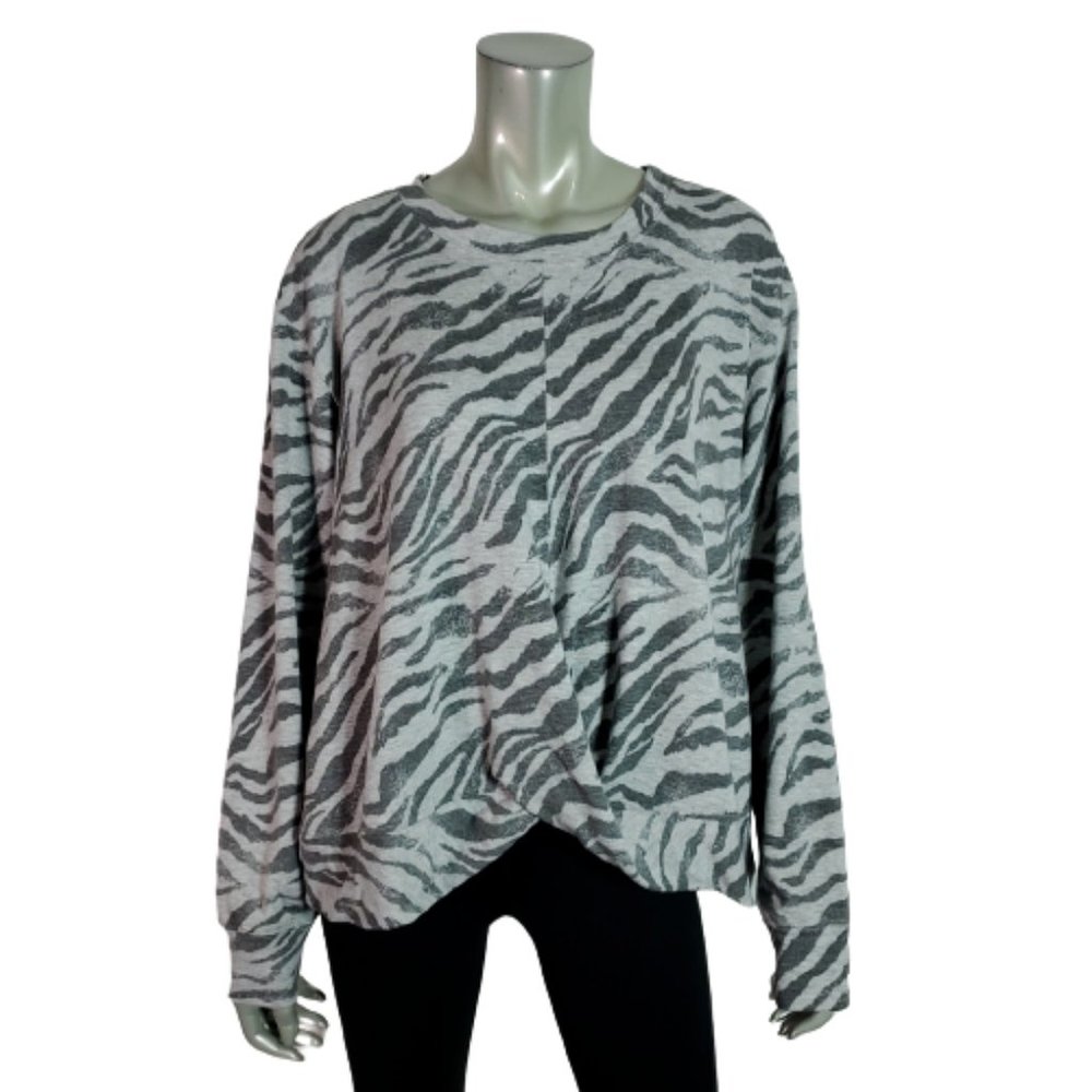 Knox Rose Top XL Zebra Print Twist Front Stretch Crew Neck Pullover Gray Casual
